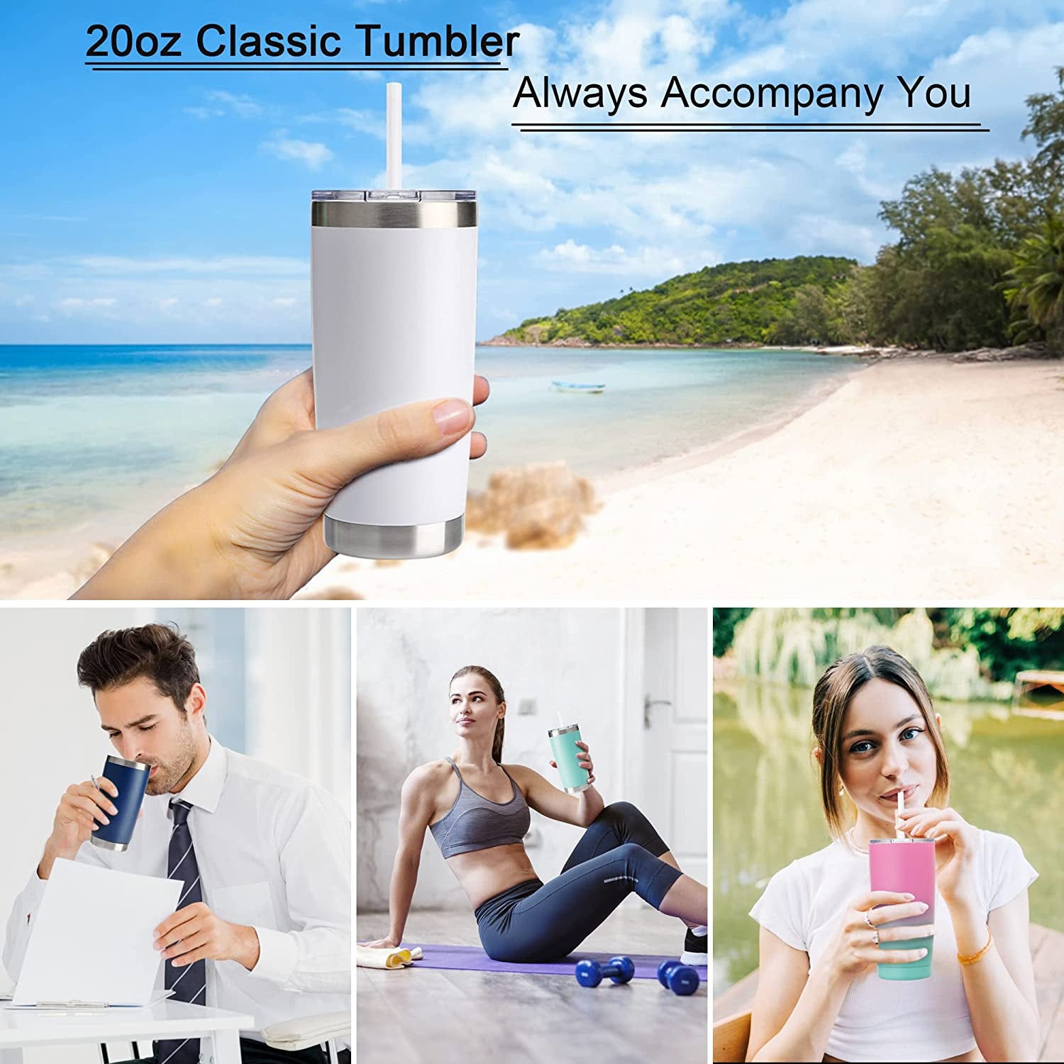 Vaso Térmico de 20 oz con Tapa y Sorbete, Taza de Café de Acero Inoxidable con Aislamiento al Vacío, Doble Pared y Recubrimiento en Polvo – Taza de Viaje (Blanco, 1 Unidad).