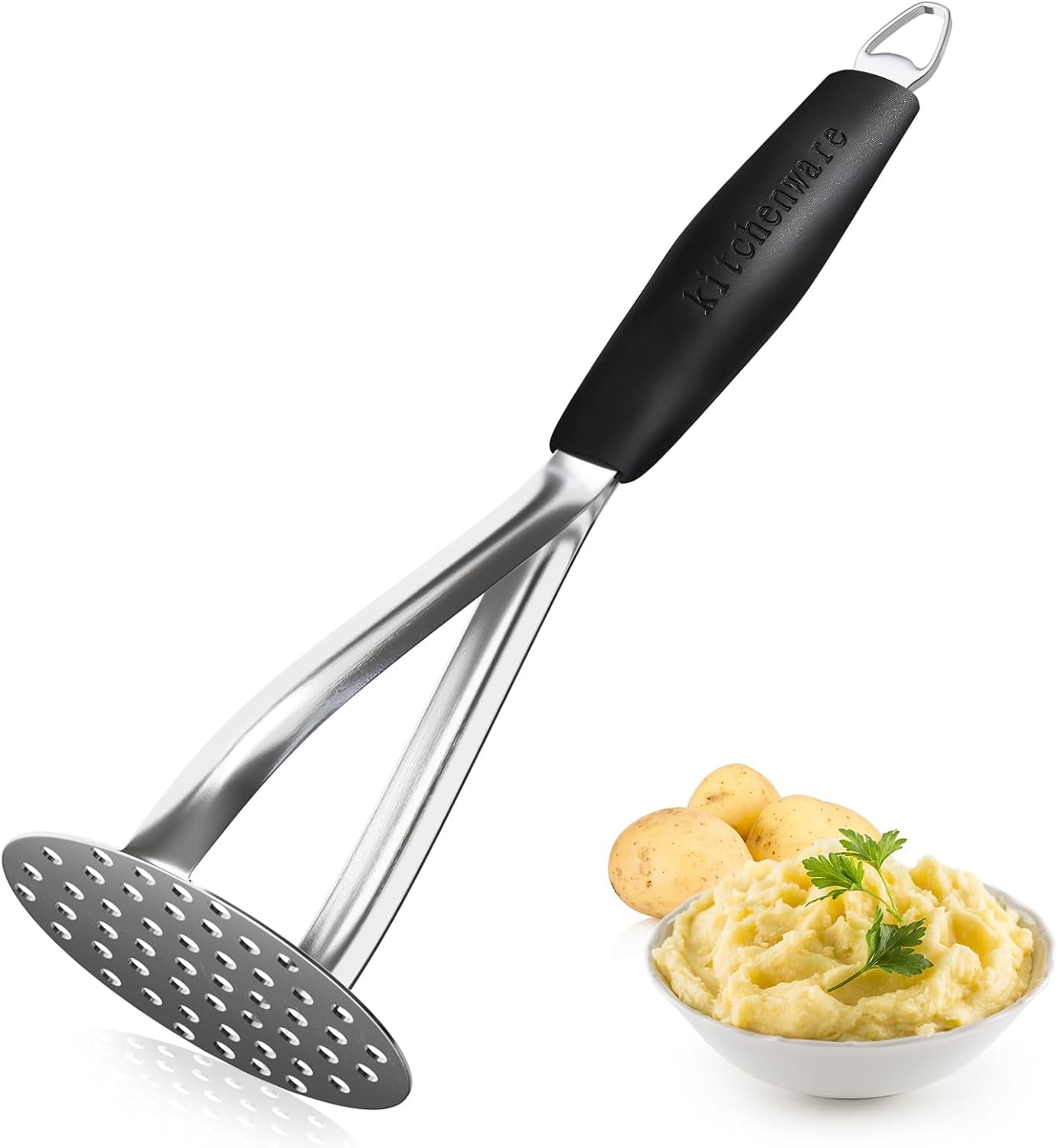Prensapuré de Acero Inoxidable de Alta Resistencia, Herramienta de Cocina Profesional Integrada para Triturar Alimentos / Prensador de Papas con Mango de Silicona. Perfecto para frijoles, vegetales, frutas, aguacate y carne.