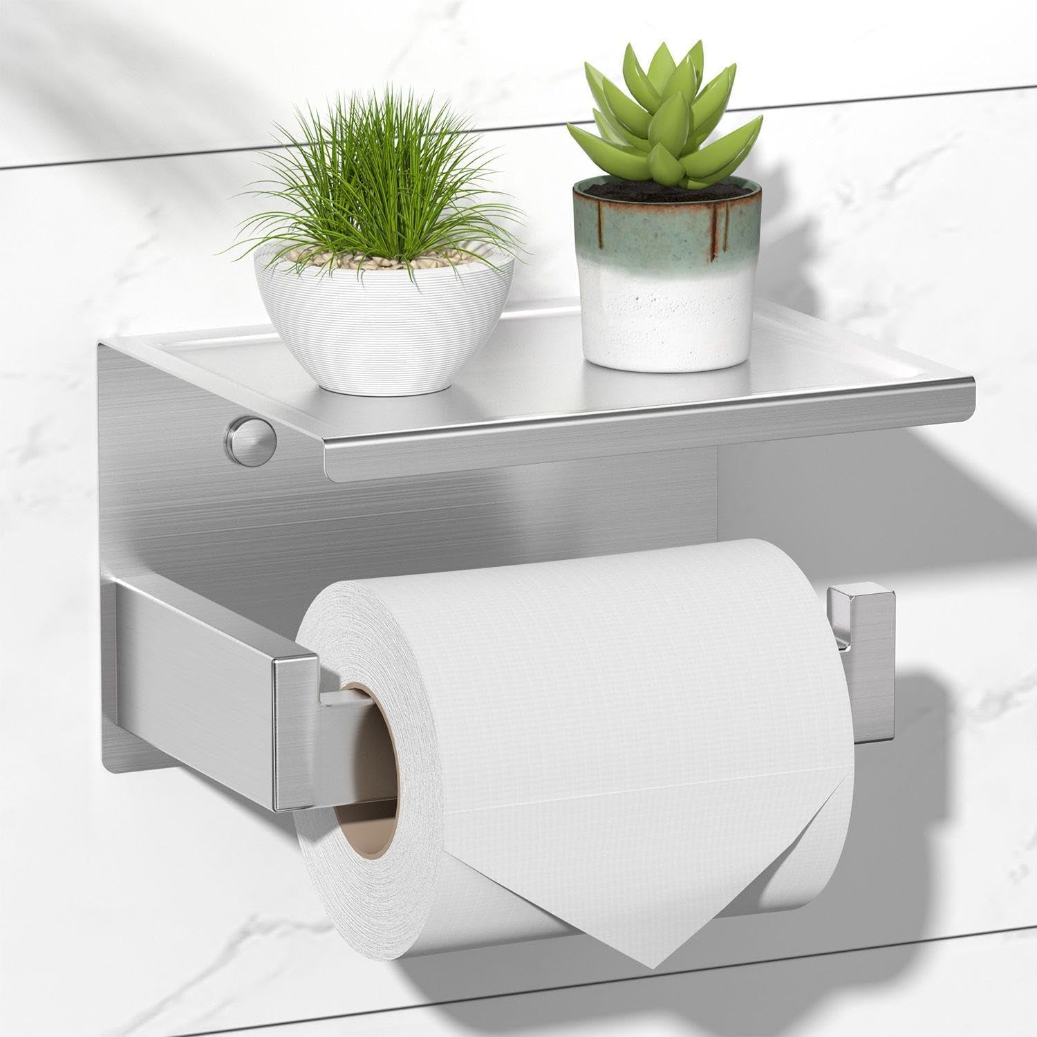 Porta Papel Higiénico en Níquel Cepillado, Soporte Plateado con Repisa, Autoadhesivo sin Taladro o Montaje en Pared con Tornillos para Baño.