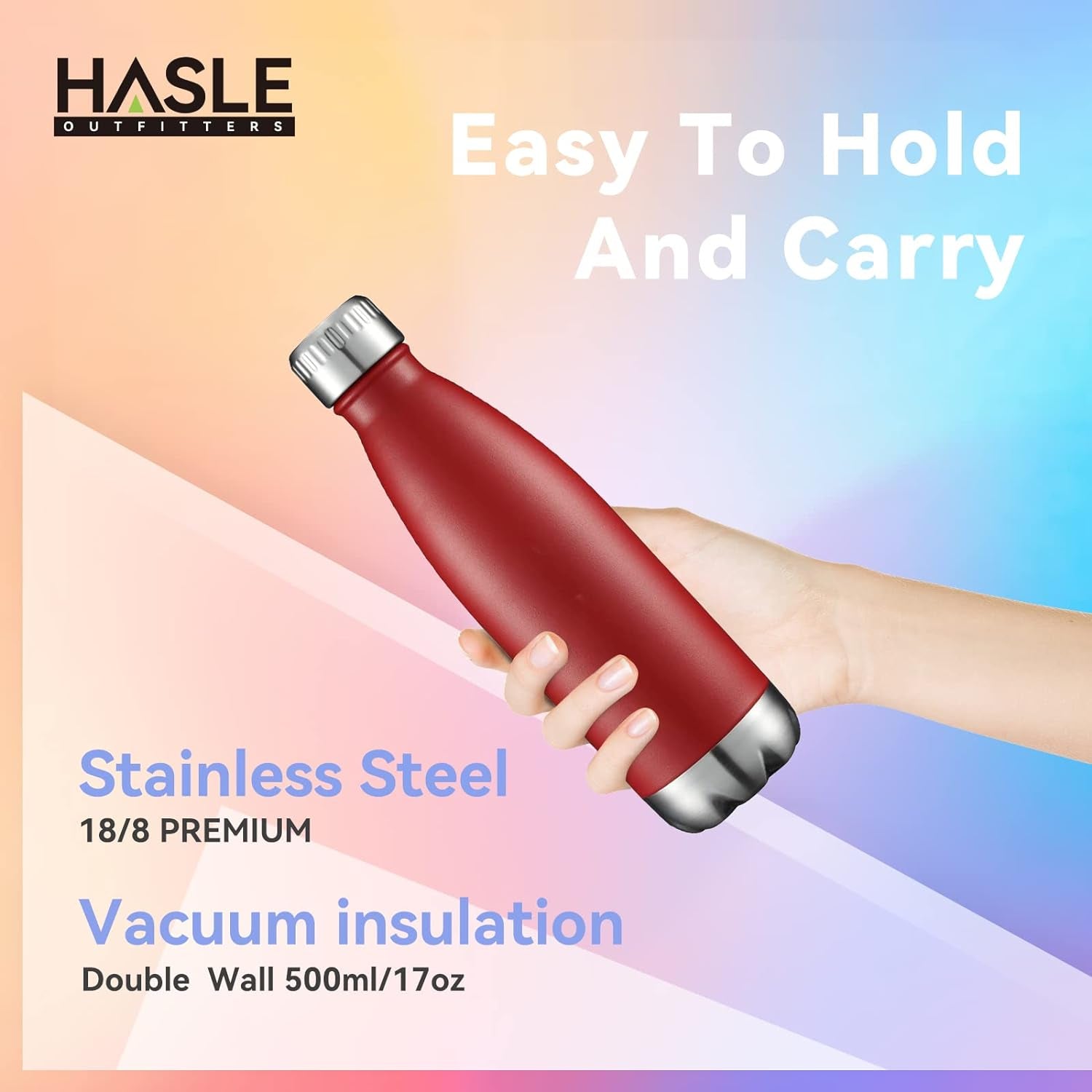 Botellas de agua de acero inoxidable de 17 oz al por mayor, con aislamiento al vacío de doble pared, recubrimiento en polvo, reutilizables, ideales para deportes. Mantienen las bebidas calientes o frías. Color rojo, paquete de 4 unidades.