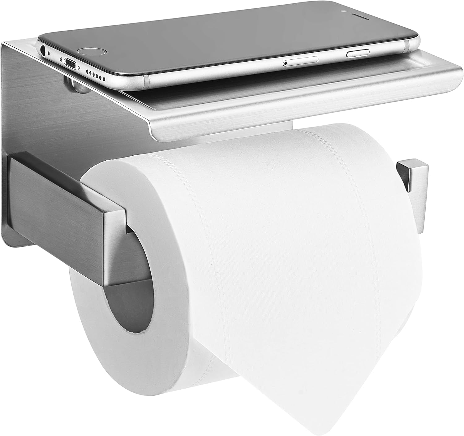 Porta Papel Higiénico en Níquel Cepillado, Soporte Plateado con Repisa, Autoadhesivo sin Taladro o Montaje en Pared con Tornillos para Baño.