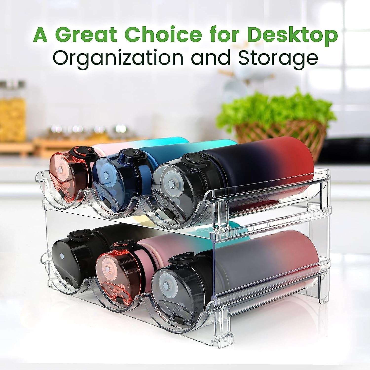 Organizador de Botellas de Agua para Gabinete – Estante de Almacenamiento para Botellas de Agua, Pack de 2 Unidades – Soporte Apilable para Botellas, Ideal para Gabinetes, Encimeras o Refrigeradores.