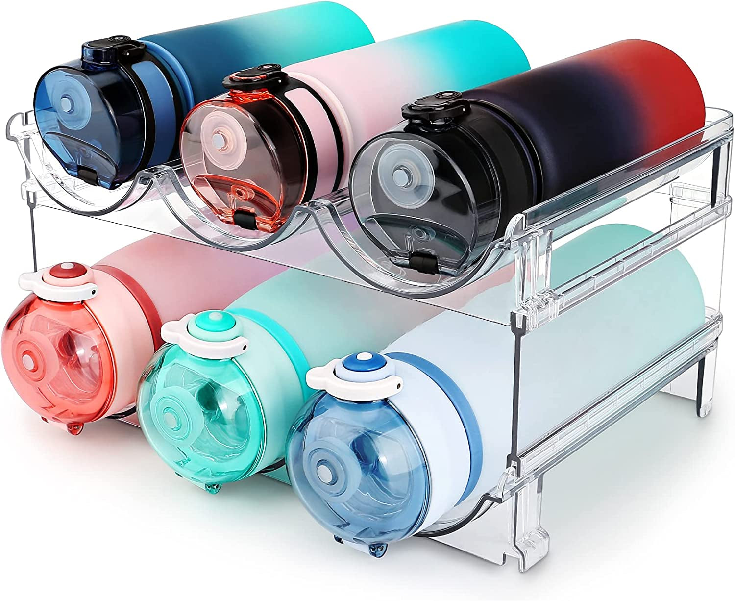 Organizador de Botellas de Agua para Gabinete – Estante de Almacenamiento para Botellas de Agua, Pack de 2 Unidades – Soporte Apilable para Botellas, Ideal para Gabinetes, Encimeras o Refrigeradores.