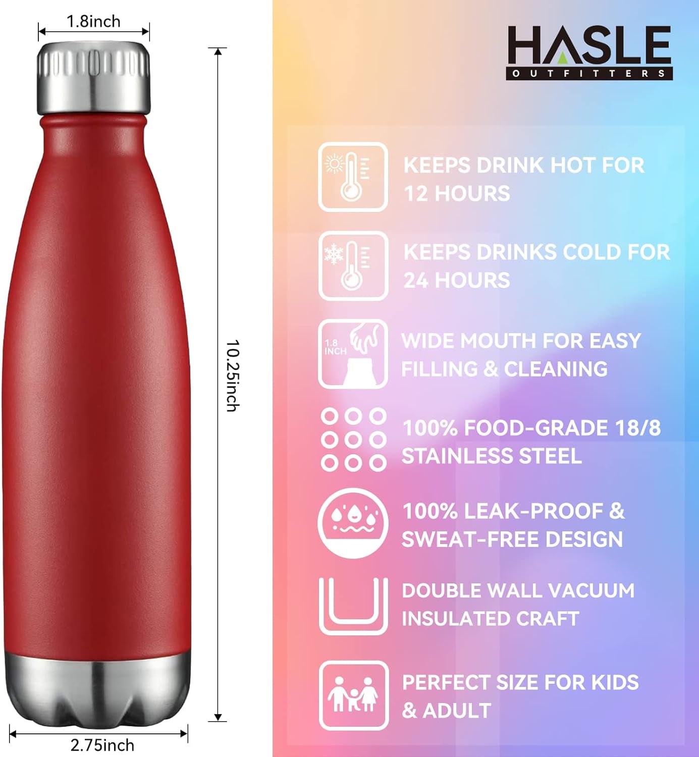 Botellas de agua de acero inoxidable de 17 oz al por mayor, con aislamiento al vacío de doble pared, recubrimiento en polvo, reutilizables, ideales para deportes. Mantienen las bebidas calientes o frías. Color rojo, paquete de 4 unidades.