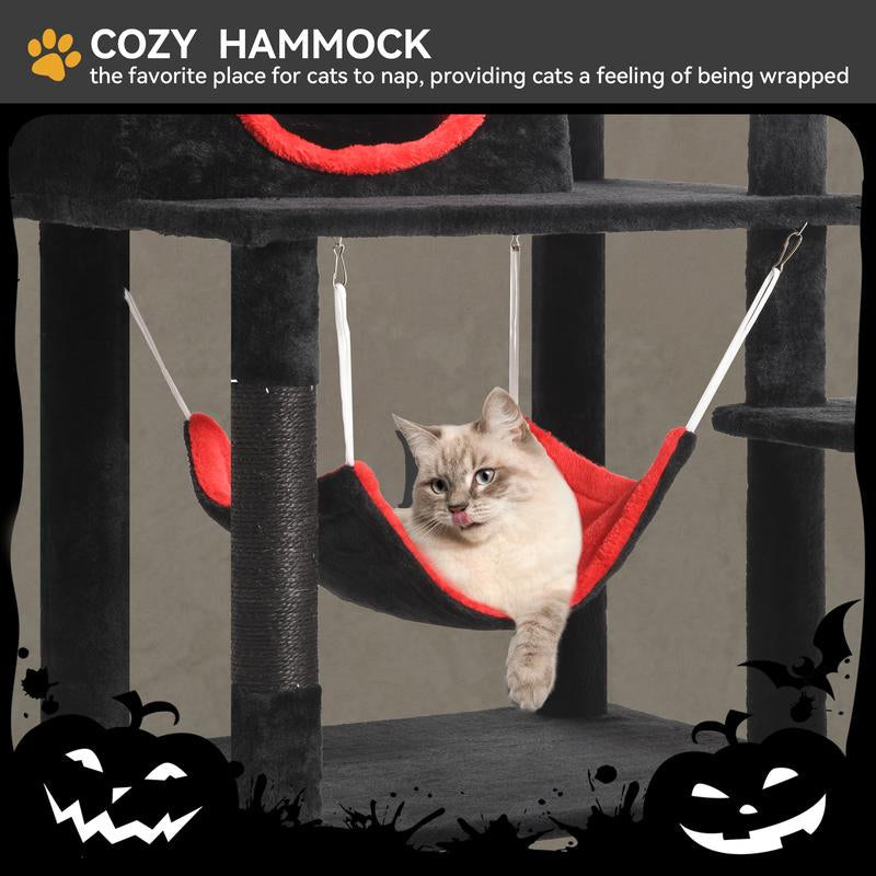 Árbol para Gatos Gótico Dwvo con Cama en Forma de Ataúd – Torre para Gatos de Interior de 160 cm / 98 cm de Alto con Plataforma Superior, Condominios Espaciosos, Pelotas Colgantes de Araña, Hamaca Cómoda, Poste Rascador y Escalera – Negro Halloween.