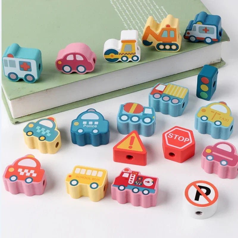 Juguete Montessori de Madera para Enhebrar – Cuentas de Madera con Dibujos de Animales, Frutas, Letras y Números para Niños – Juguete Educativo DIY para Desarrollar Motricidad Fina – Regalo Ideal para Niños y Niñas.
