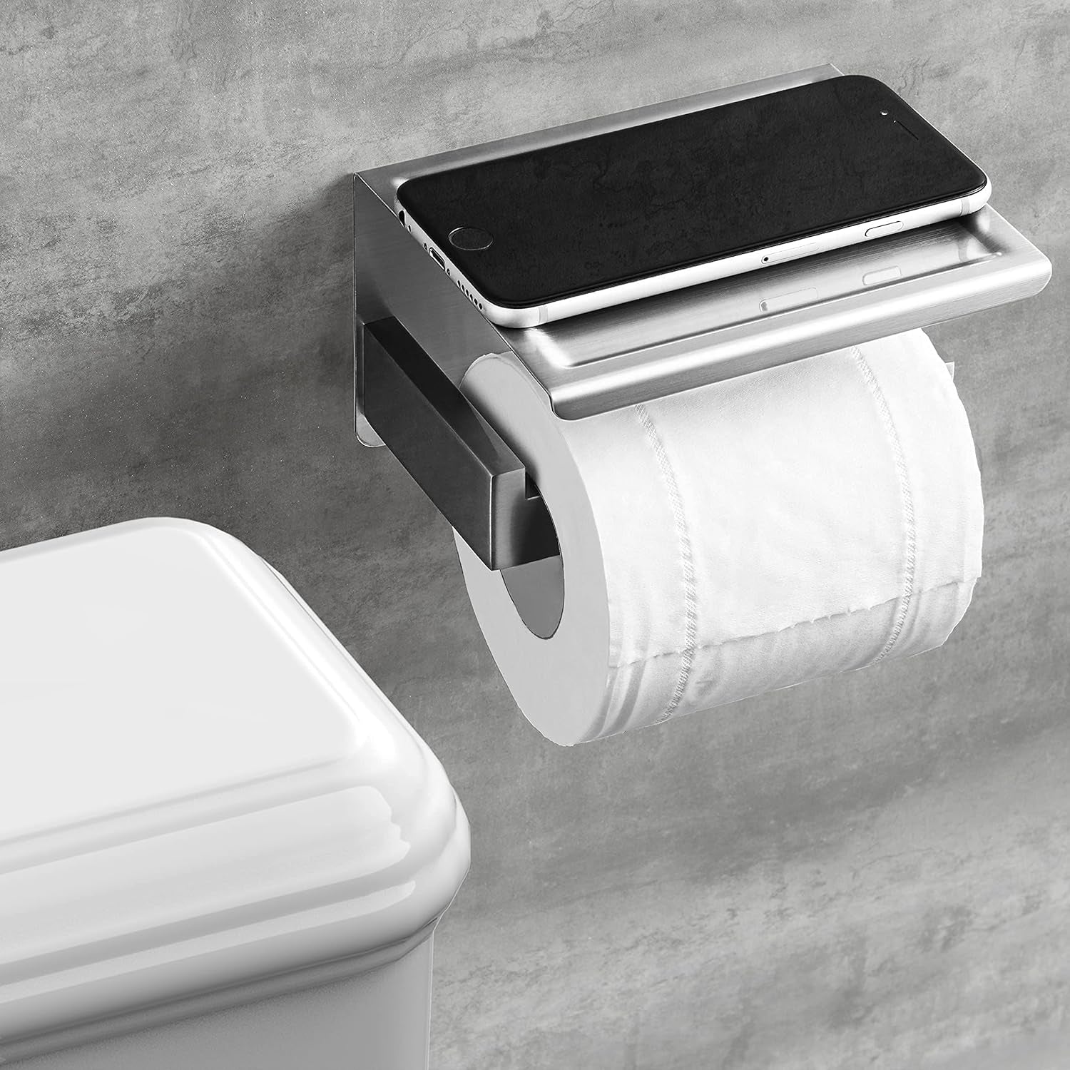 Porta Papel Higiénico en Níquel Cepillado, Soporte Plateado con Repisa, Autoadhesivo sin Taladro o Montaje en Pared con Tornillos para Baño.