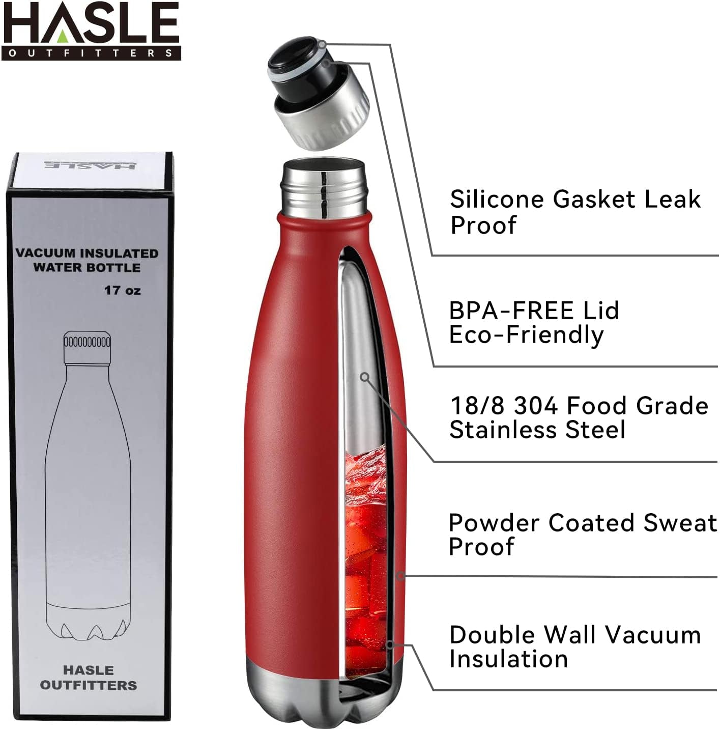 Botellas de agua de acero inoxidable de 17 oz al por mayor, con aislamiento al vacío de doble pared, recubrimiento en polvo, reutilizables, ideales para deportes. Mantienen las bebidas calientes o frías. Color rojo, paquete de 4 unidades.