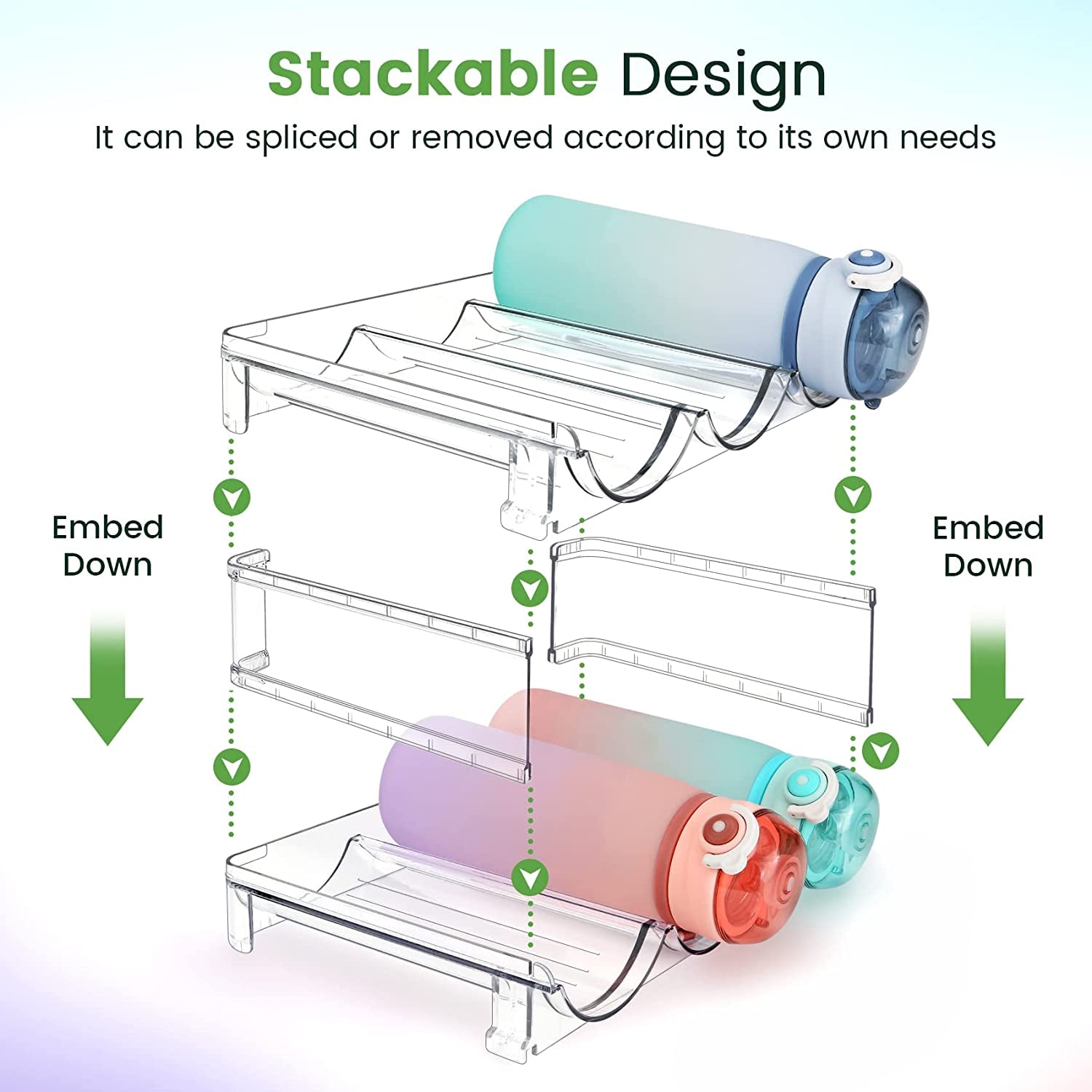 Organizador de Botellas de Agua para Gabinete – Estante de Almacenamiento para Botellas de Agua, Pack de 2 Unidades – Soporte Apilable para Botellas, Ideal para Gabinetes, Encimeras o Refrigeradores.