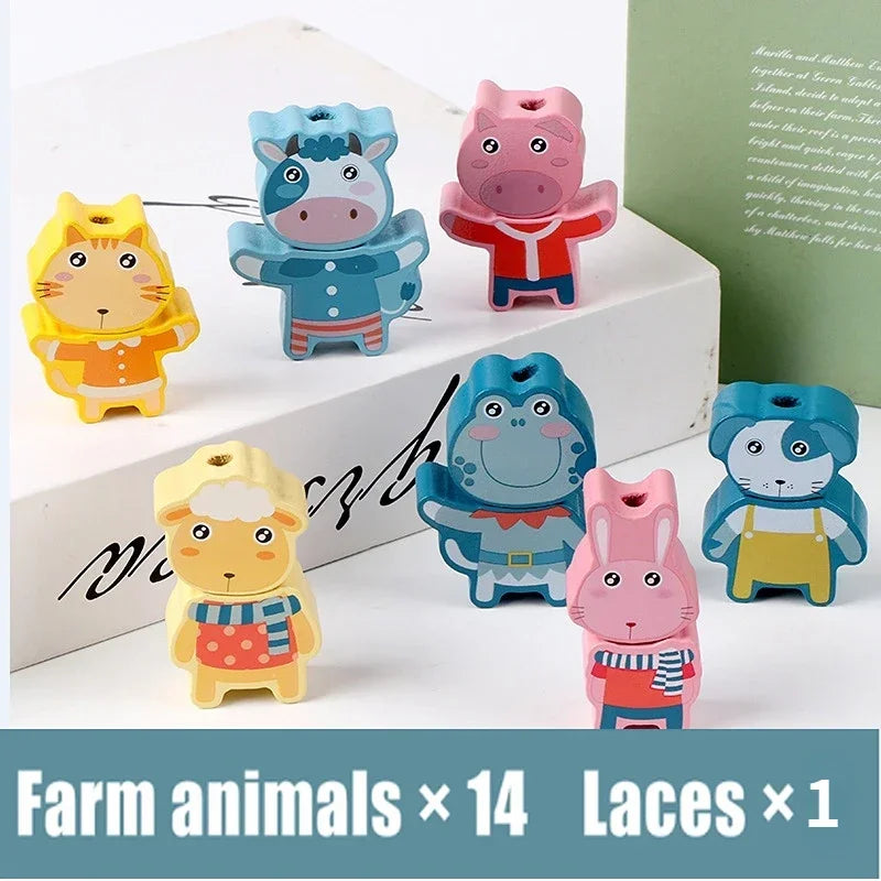 Juguete Montessori de Madera para Enhebrar – Cuentas de Madera con Dibujos de Animales, Frutas, Letras y Números para Niños – Juguete Educativo DIY para Desarrollar Motricidad Fina – Regalo Ideal para Niños y Niñas.