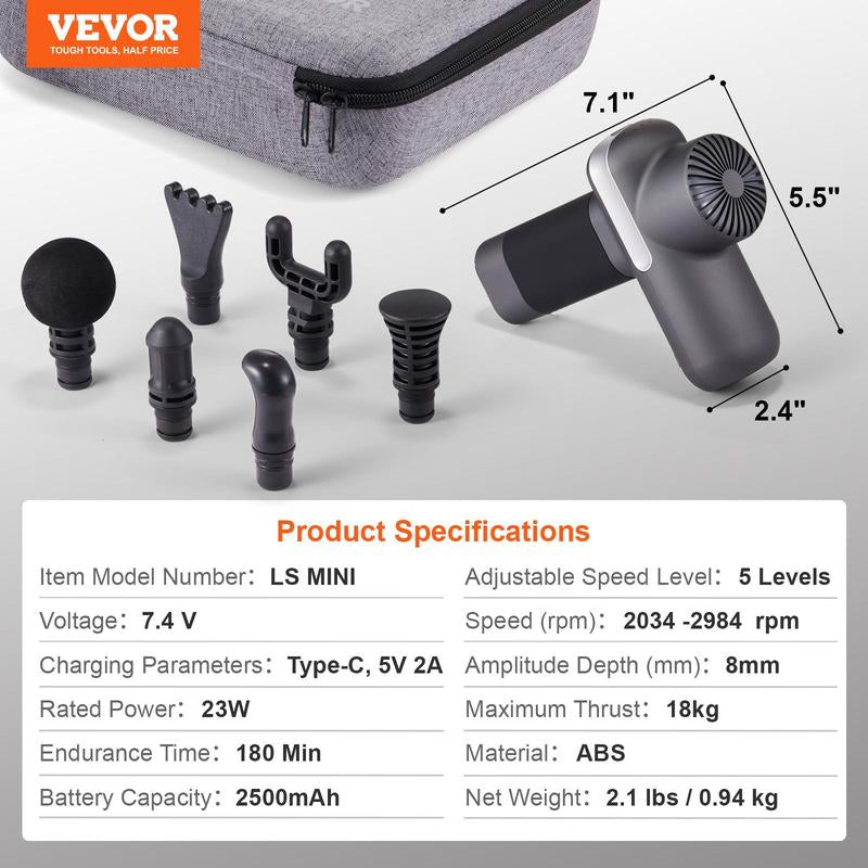 VEVOR Mini Pistola de Masaje – Pistola de Masaje Percusiva para Músculos y Atletas Con 5 Niveles de Velocidad y 6 Cabezas de Masaje – Batería de 7.4V y 2500mAh – Pistola de Masaje Portátil y Compacta para Alivio del Dolor y Relajación Muscular.