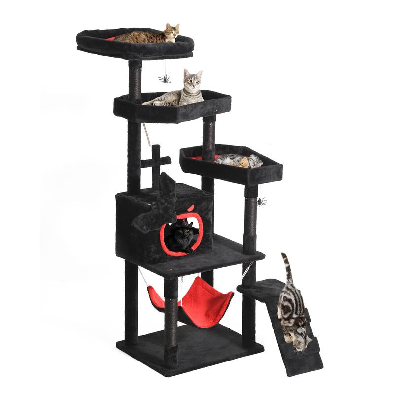 Árbol para Gatos Gótico Dwvo con Cama en Forma de Ataúd – Torre para Gatos de Interior de 160 cm / 98 cm de Alto con Plataforma Superior, Condominios Espaciosos, Pelotas Colgantes de Araña, Hamaca Cómoda, Poste Rascador y Escalera – Negro Halloween.