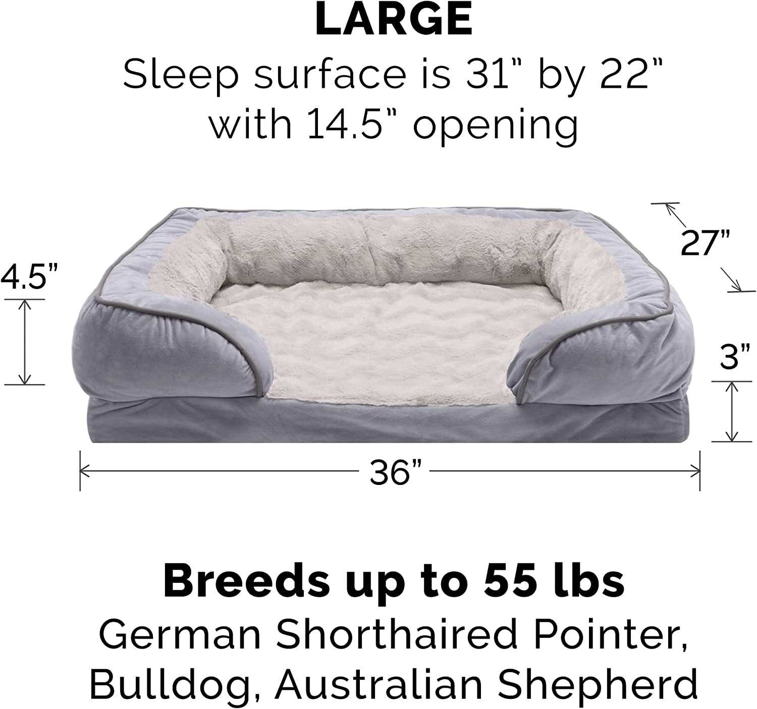 Cama para Perro Suave de Espuma Ortopédica con Máximo Confort, Funda Lavable y Removible – Velvet Waves – Color Gris Granito, Para Perros de Hasta 25 kg (55 lb) – Tamaño Grande.