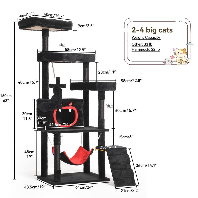 Árbol para Gatos Gótico Dwvo con Cama en Forma de Ataúd – Torre para Gatos de Interior de 160 cm / 98 cm de Alto con Plataforma Superior, Condominios Espaciosos, Pelotas Colgantes de Araña, Hamaca Cómoda, Poste Rascador y Escalera – Negro Halloween.