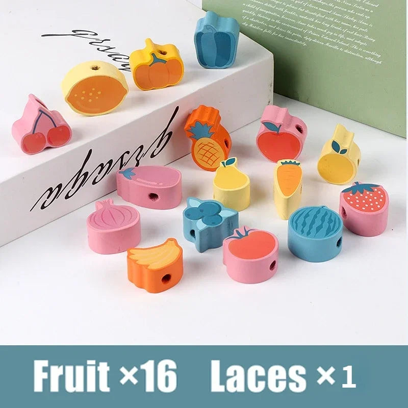 Juguete Montessori de Madera para Enhebrar – Cuentas de Madera con Dibujos de Animales, Frutas, Letras y Números para Niños – Juguete Educativo DIY para Desarrollar Motricidad Fina – Regalo Ideal para Niños y Niñas.