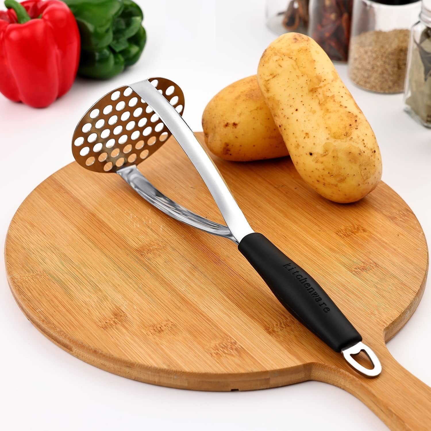 Prensapuré de Acero Inoxidable de Alta Resistencia, Herramienta de Cocina Profesional Integrada para Triturar Alimentos / Prensador de Papas con Mango de Silicona. Perfecto para frijoles, vegetales, frutas, aguacate y carne.