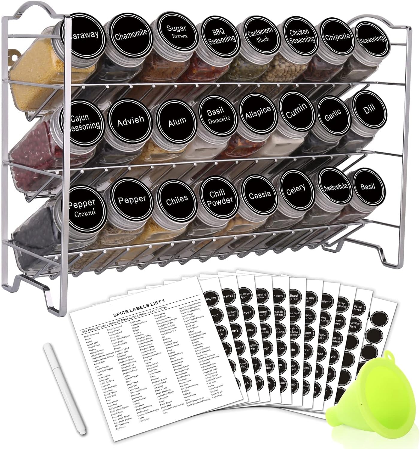 Organizador de Especias con 24 Frascos de Vidrio Vacíos, 396 Etiquetas para Especias, Marcador de Tiza y Embudo – Set Completo para Encimera, Gabinete o Montaje en Pared – Color Plateado.
