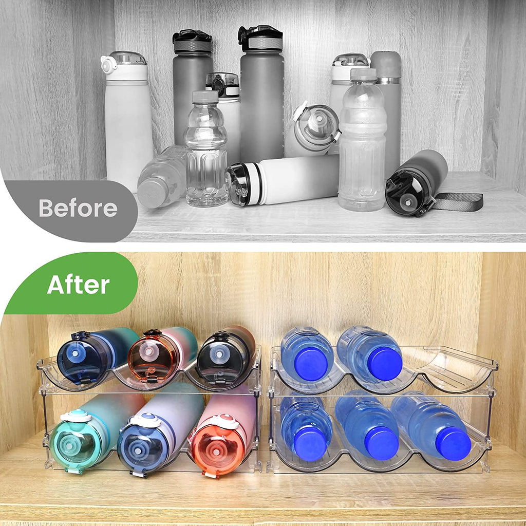 Organizador de Botellas de Agua para Gabinete – Estante de Almacenamiento para Botellas de Agua, Pack de 2 Unidades – Soporte Apilable para Botellas, Ideal para Gabinetes, Encimeras o Refrigeradores.