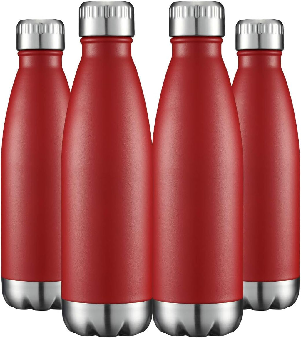 Botellas de agua de acero inoxidable de 17 oz al por mayor, con aislamiento al vacío de doble pared, recubrimiento en polvo, reutilizables, ideales para deportes. Mantienen las bebidas calientes o frías. Color rojo, paquete de 4 unidades.