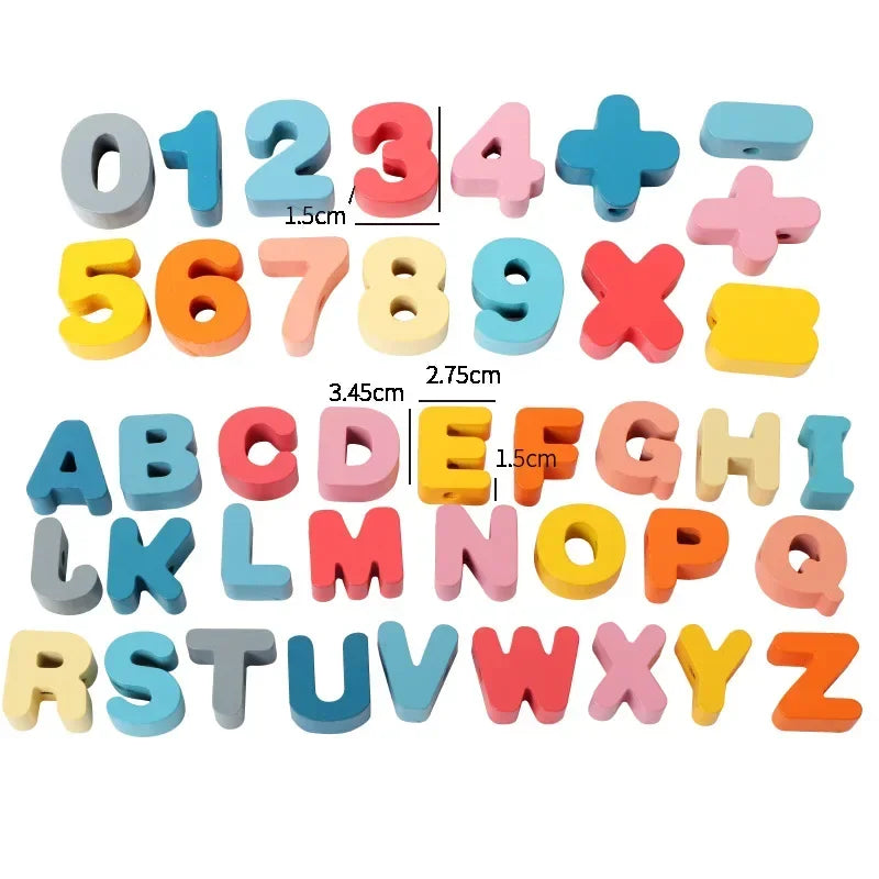 Juguete Montessori de Madera para Enhebrar – Cuentas de Madera con Dibujos de Animales, Frutas, Letras y Números para Niños – Juguete Educativo DIY para Desarrollar Motricidad Fina – Regalo Ideal para Niños y Niñas.