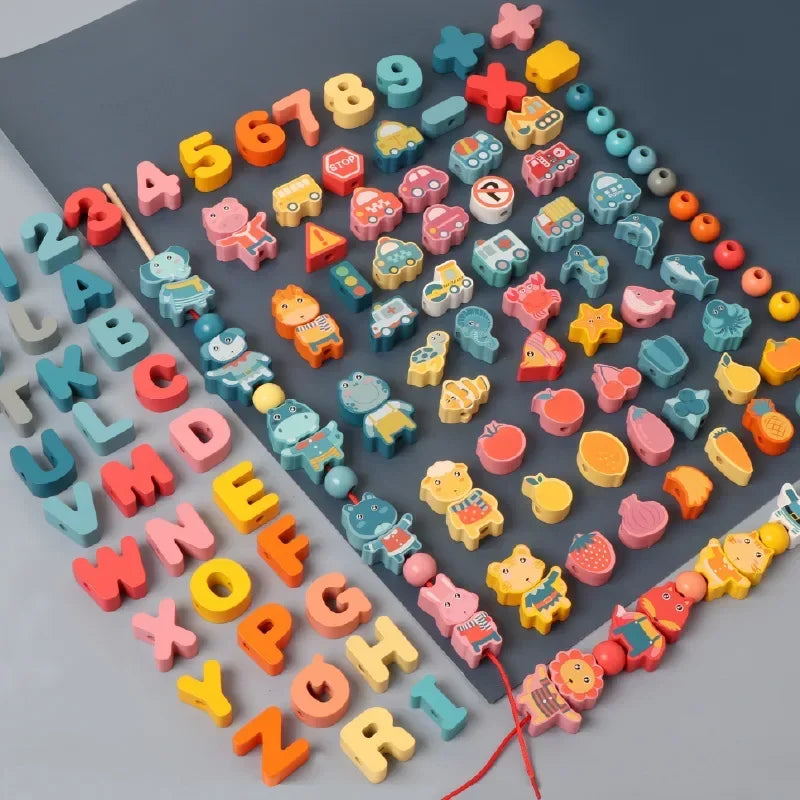 Juguete Montessori de Madera para Enhebrar – Cuentas de Madera con Dibujos de Animales, Frutas, Letras y Números para Niños – Juguete Educativo DIY para Desarrollar Motricidad Fina – Regalo Ideal para Niños y Niñas.