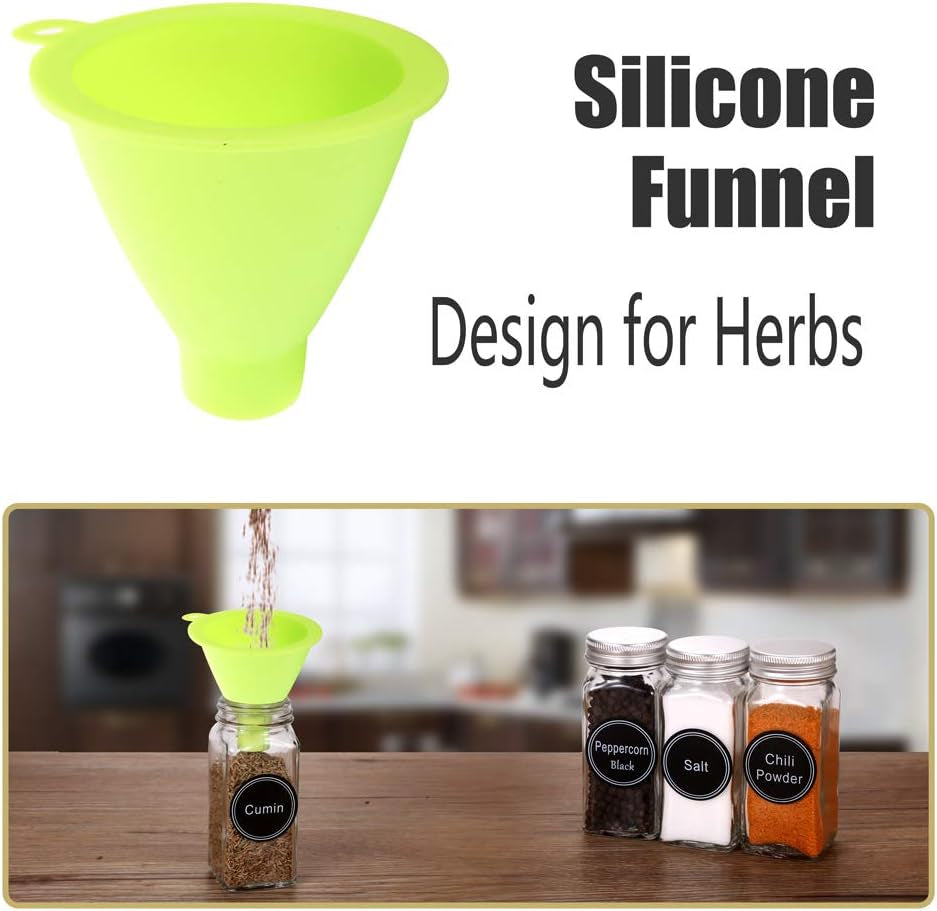 Organizador de Especias con 24 Frascos de Vidrio Vacíos, 396 Etiquetas para Especias, Marcador de Tiza y Embudo – Set Completo para Encimera, Gabinete o Montaje en Pared – Color Plateado.