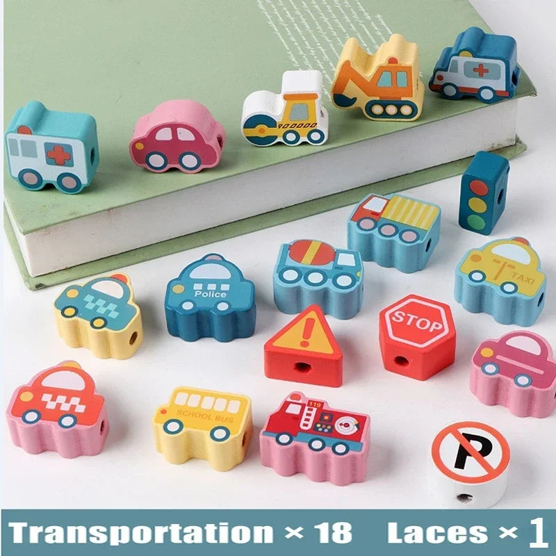 Juguete Montessori de Madera para Enhebrar – Cuentas de Madera con Dibujos de Animales, Frutas, Letras y Números para Niños – Juguete Educativo DIY para Desarrollar Motricidad Fina – Regalo Ideal para Niños y Niñas.