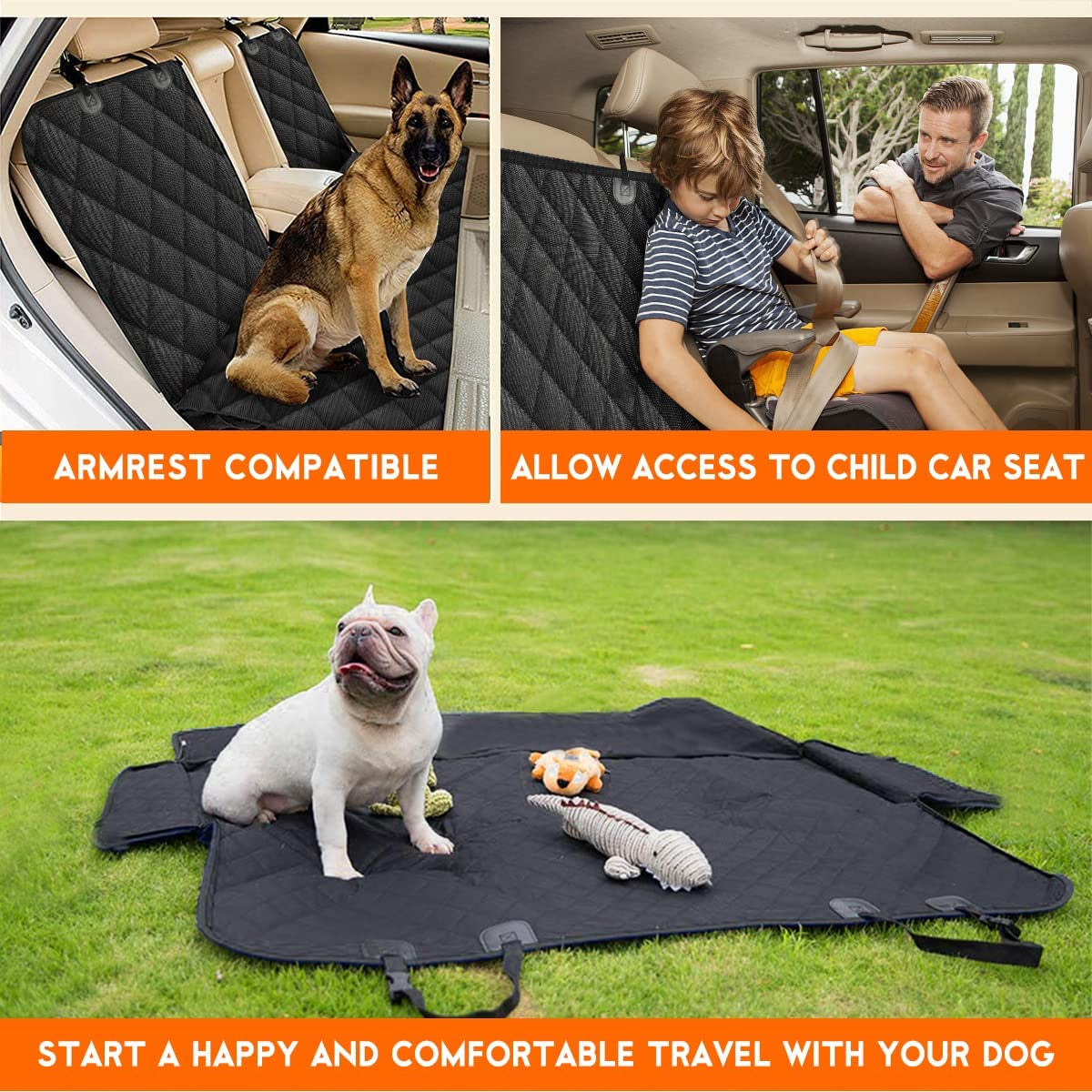 Funda de Asiento para Perro – Protector Impermeable para Asiento Trasero de Autos, Camionetas y SUV – Antideslizante, Compatible con Reposabrazos Central – Color Negro.