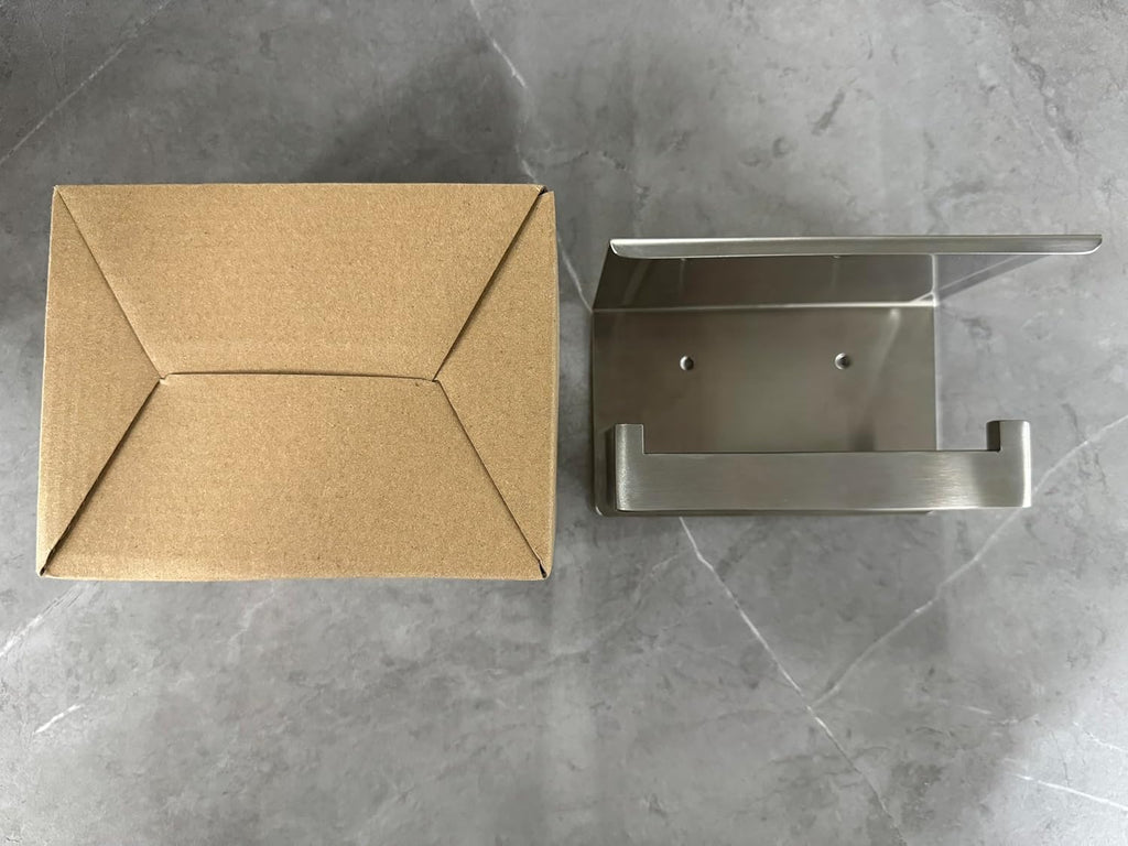 Porta Papel Higiénico en Níquel Cepillado, Soporte Plateado con Repisa, Autoadhesivo sin Taladro o Montaje en Pared con Tornillos para Baño.