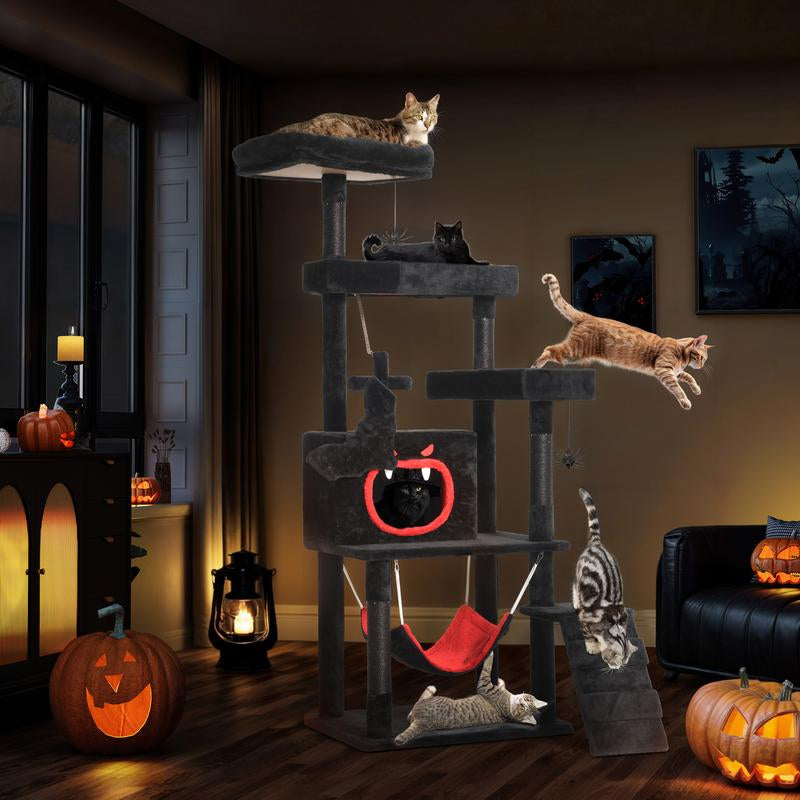 Árbol para Gatos Gótico Dwvo con Cama en Forma de Ataúd – Torre para Gatos de Interior de 160 cm / 98 cm de Alto con Plataforma Superior, Condominios Espaciosos, Pelotas Colgantes de Araña, Hamaca Cómoda, Poste Rascador y Escalera – Negro Halloween.