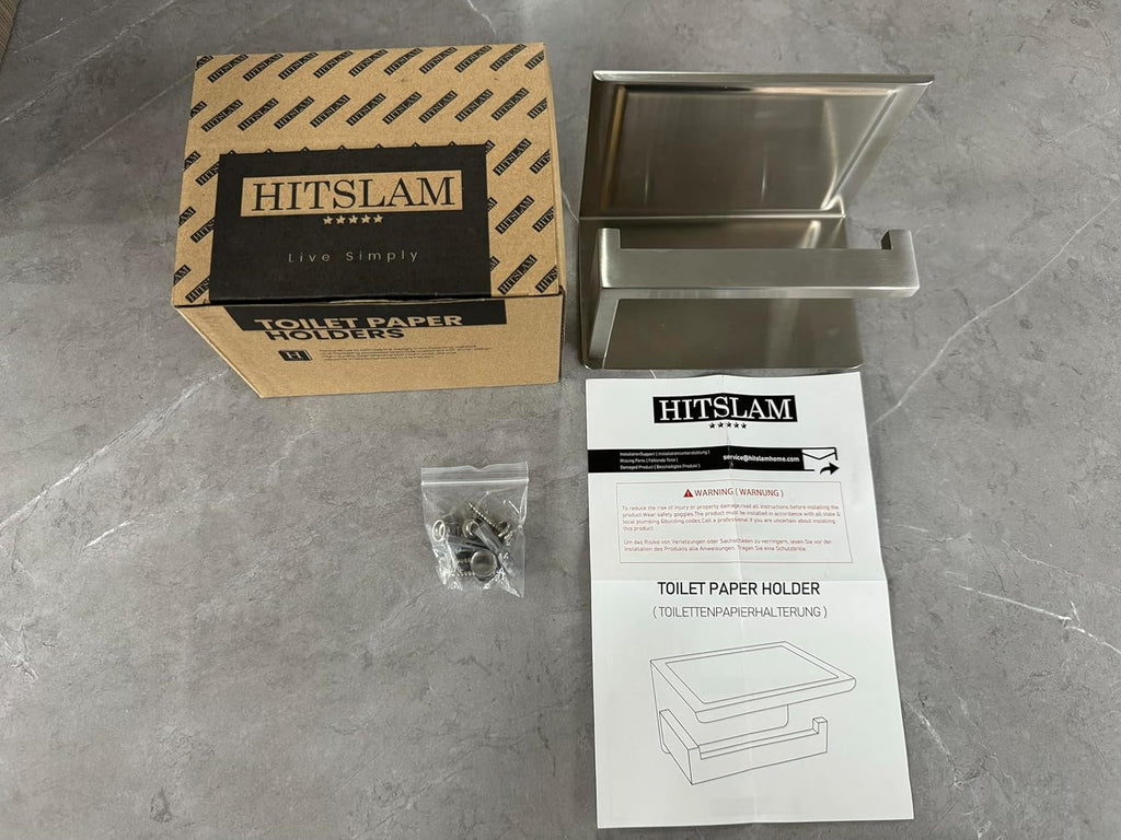 Porta Papel Higiénico en Níquel Cepillado, Soporte Plateado con Repisa, Autoadhesivo sin Taladro o Montaje en Pared con Tornillos para Baño.