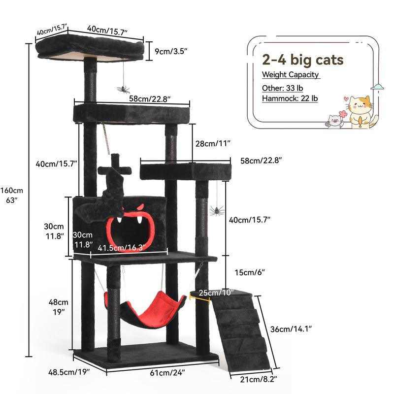Árbol para Gatos Gótico Dwvo con Cama en Forma de Ataúd – Torre para Gatos de Interior de 160 cm / 98 cm de Alto con Plataforma Superior, Condominios Espaciosos, Pelotas Colgantes de Araña, Hamaca Cómoda, Poste Rascador y Escalera – Negro Halloween.