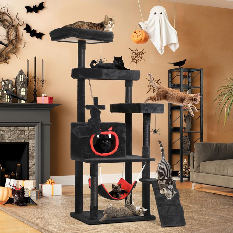 Árbol para Gatos Gótico Dwvo con Cama en Forma de Ataúd – Torre para Gatos de Interior de 160 cm / 98 cm de Alto con Plataforma Superior, Condominios Espaciosos, Pelotas Colgantes de Araña, Hamaca Cómoda, Poste Rascador y Escalera – Negro Halloween.