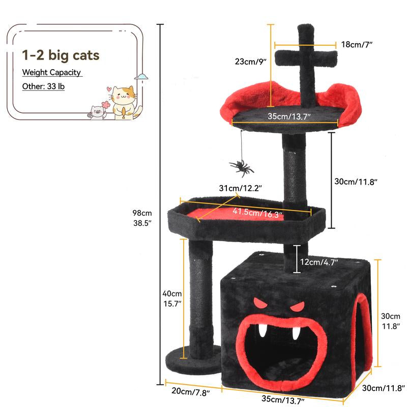 Árbol para Gatos Gótico Dwvo con Cama en Forma de Ataúd – Torre para Gatos de Interior de 160 cm / 98 cm de Alto con Plataforma Superior, Condominios Espaciosos, Pelotas Colgantes de Araña, Hamaca Cómoda, Poste Rascador y Escalera – Negro Halloween.