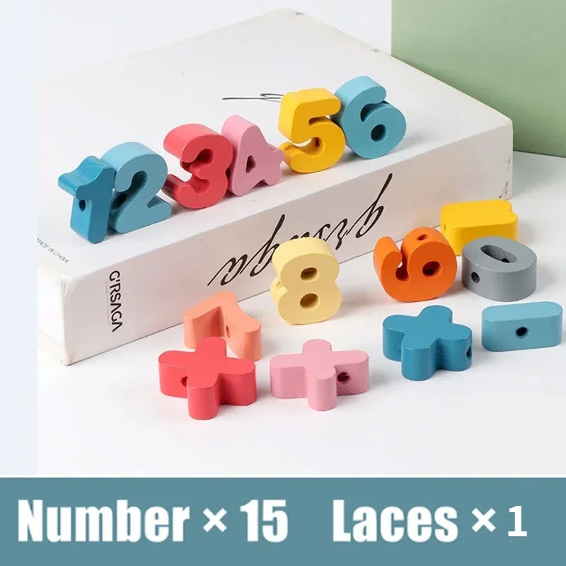Juguete Montessori de Madera para Enhebrar – Cuentas de Madera con Dibujos de Animales, Frutas, Letras y Números para Niños – Juguete Educativo DIY para Desarrollar Motricidad Fina – Regalo Ideal para Niños y Niñas.