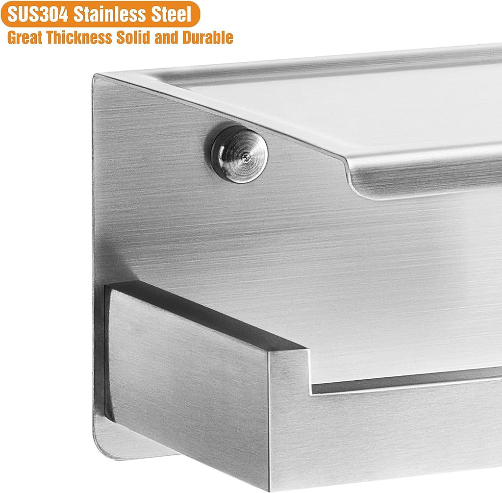 Porta Papel Higiénico en Níquel Cepillado, Soporte Plateado con Repisa, Autoadhesivo sin Taladro o Montaje en Pared con Tornillos para Baño.