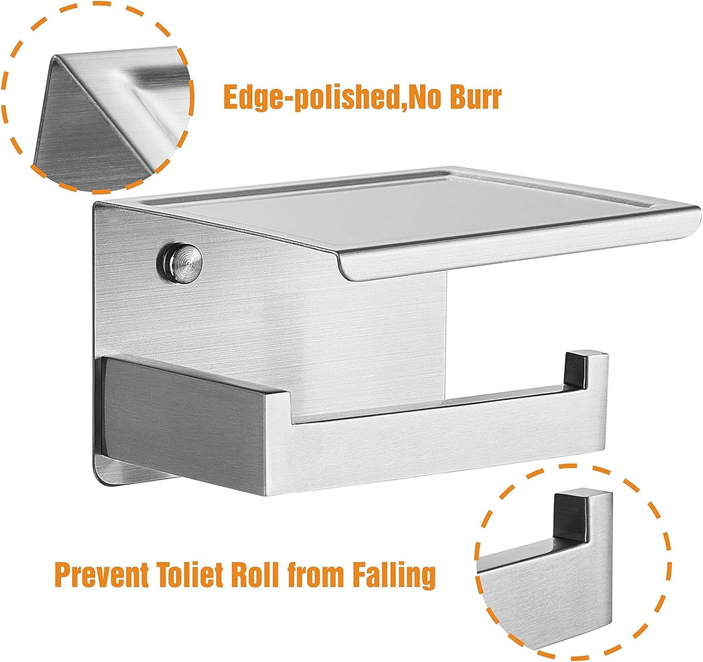 Porta Papel Higiénico en Níquel Cepillado, Soporte Plateado con Repisa, Autoadhesivo sin Taladro o Montaje en Pared con Tornillos para Baño.