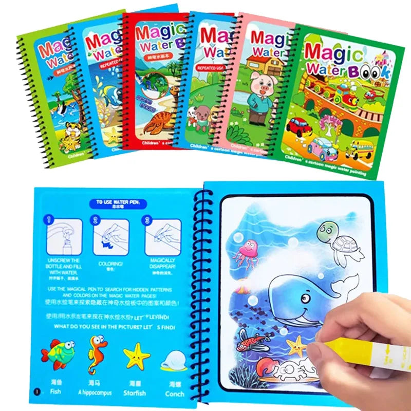 Libro de Colorear Reutilizable para Niños – Juguete Montessori de Dibujo con Agua Mágica Libro de Pintura Educativo Sensorial – Juguete de Aprendizaje Temprano para Niños y Niñas.